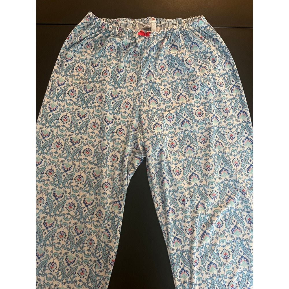 Blue Red Floral Damask Pajama Pants XL Lace Trim Lounge Crop Wide Leg RN 1194 - Picture 6 of 11